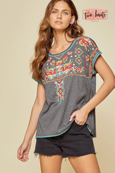 Round Neckline Charcoal Colorful Embroidered Top