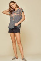 Round Neckline Charcoal Colorful Embroidered Top