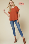 Scoop-neck top featuring rolled sleeve