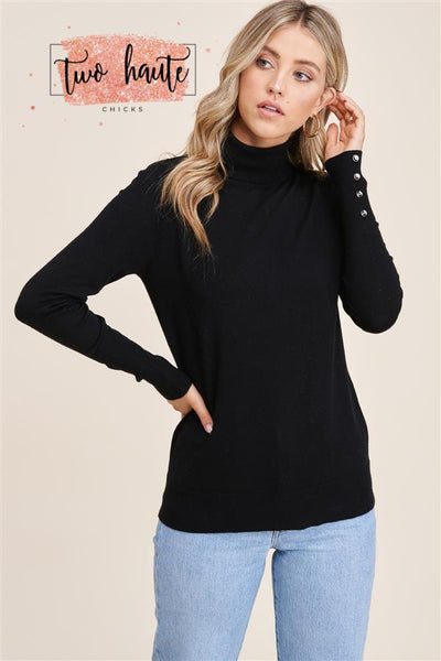 Basic Turtleneck Sweater with Cuff Buttons-Black