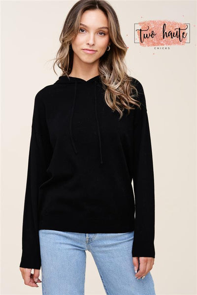Drawstring Neck Hooded Sweater in Black