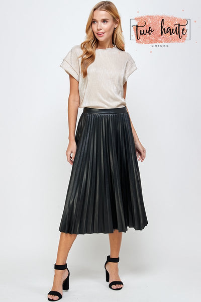 Black Faux Leather Pleated Midi Skirt
