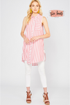 Red Striped Button Up Tunic Top