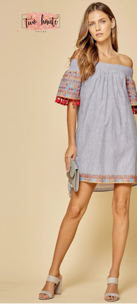 Off the Shoulder Striped Embroidery Tassel Dress