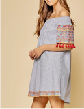 Off the Shoulder Striped Embroidery Tassel Dress