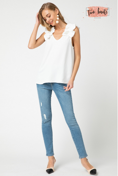 Off White Sleeveless Tank with Ruffle Detail at the Shoulder