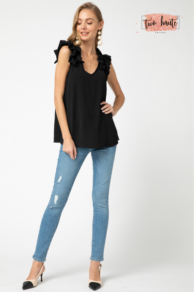 Black Sleeveless Tank with Ruffle Detail on Shoulder