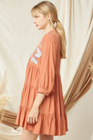 Solid V-Neck Tiered Dress with Embroidery in Terra Cotta