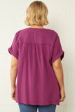 Plus Size Solid Crinkle V-Neck Top in Plum