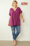 Plus Size Solid Crinkle V-Neck Top in Plum